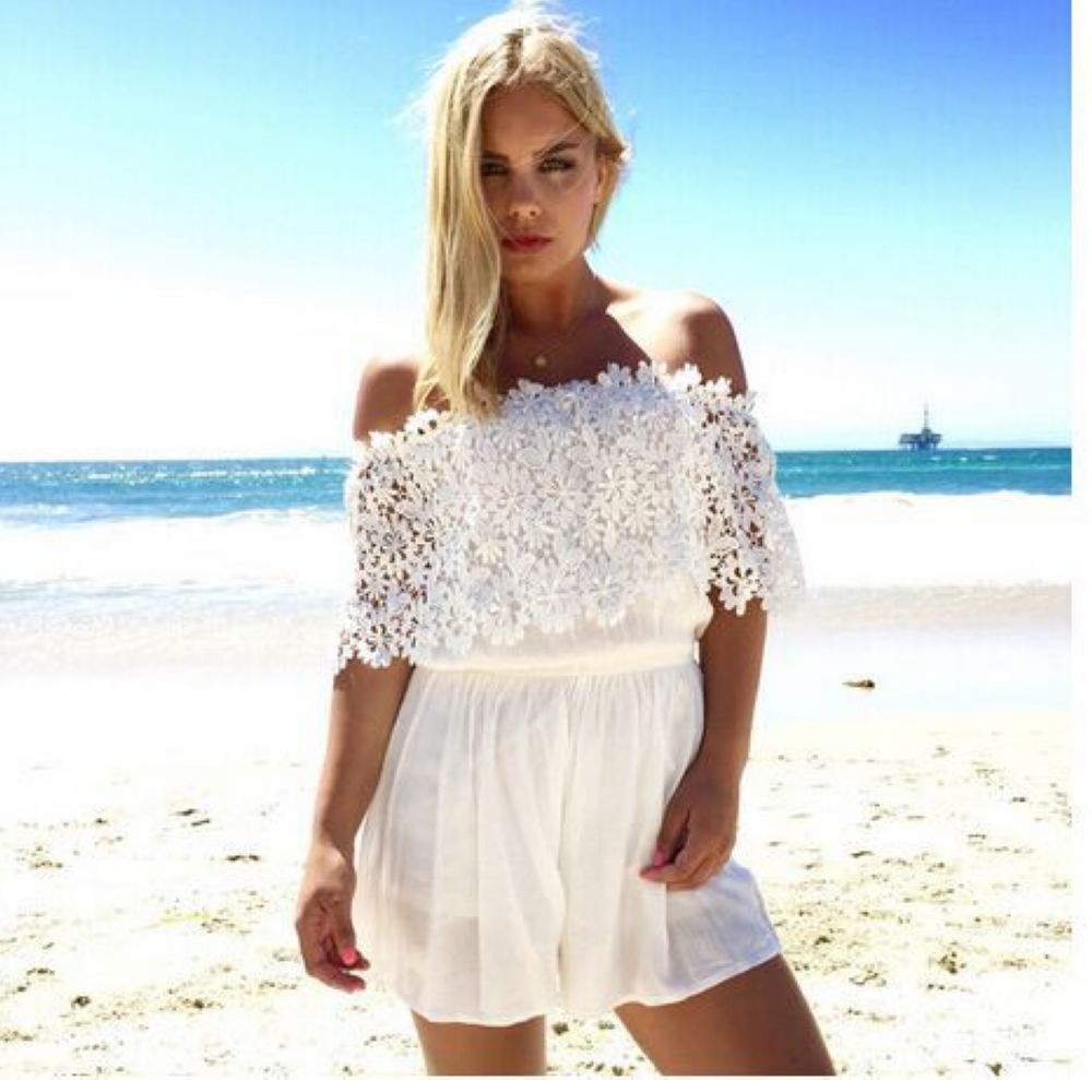 F2471 WHITE LACE SHOULDER CUT-OUT SEXY JUMPER DRESS